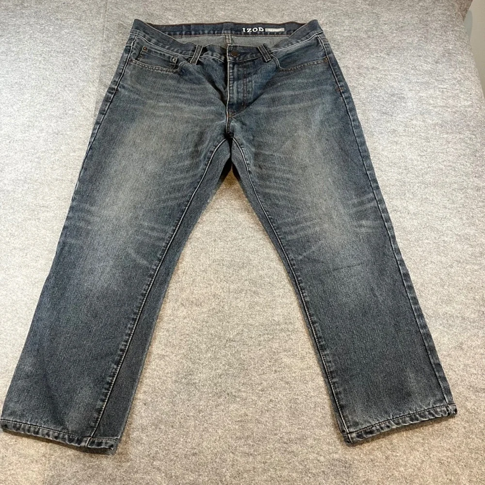IZOD Mens Slim Straight Dark Wash‎ Denim Jeans 36x32 Casual Classic Blue 0355